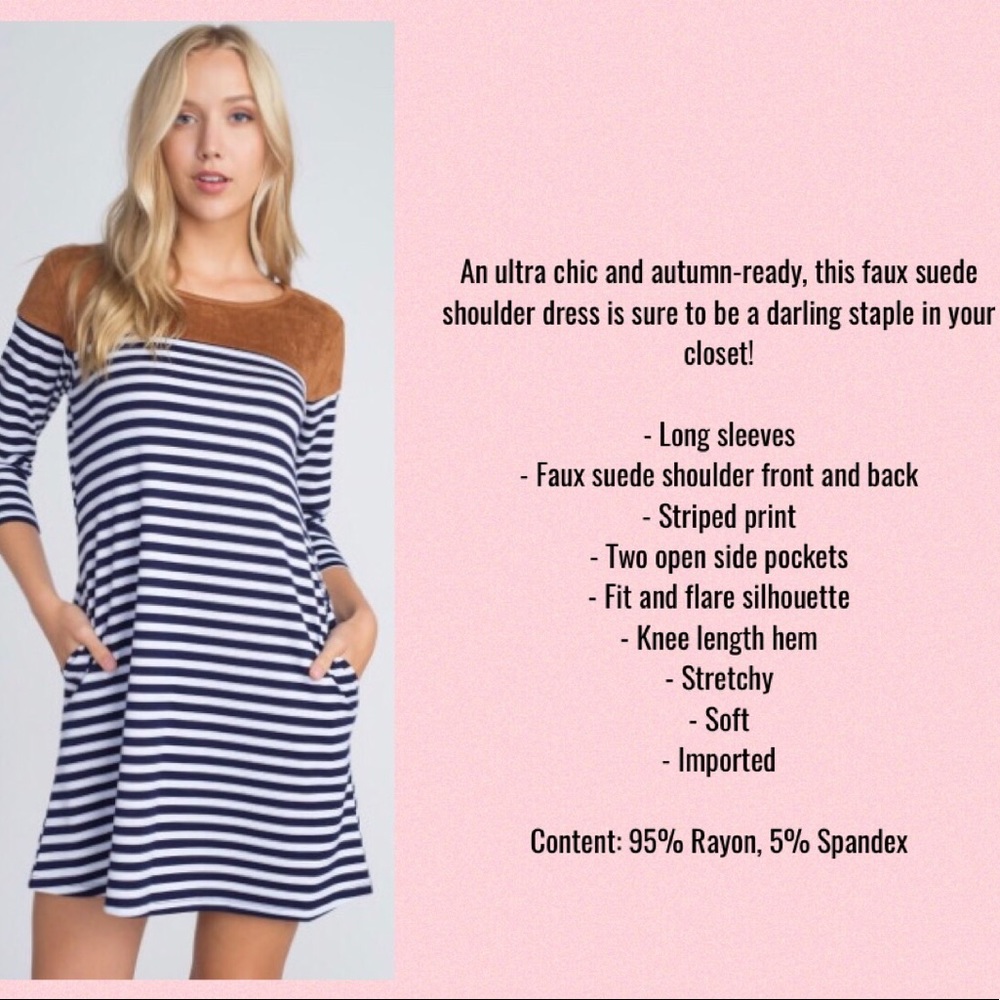 Navy and white striped dress with faux suede